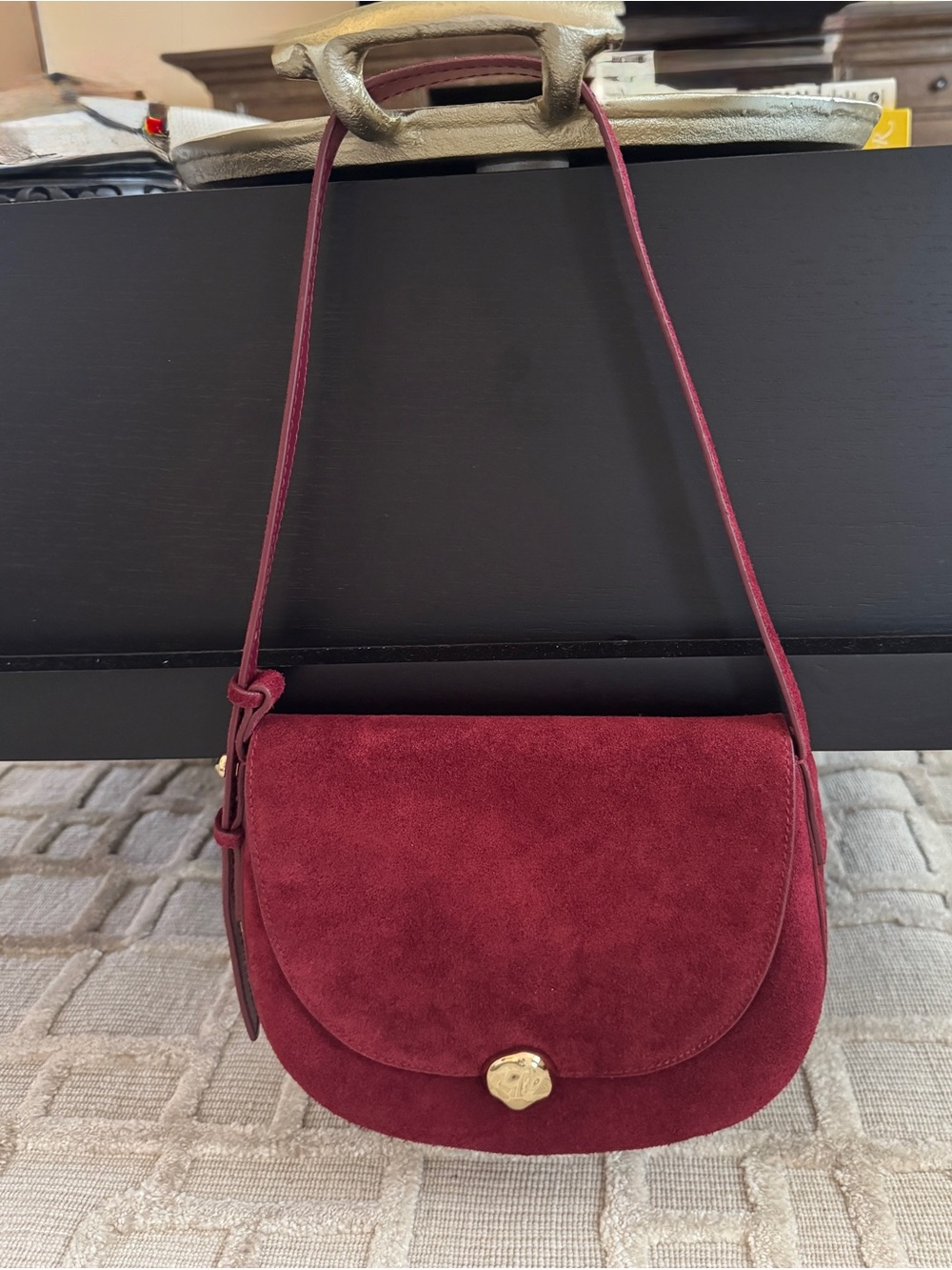 Madewell Burgundy Suede Saddle Shoulder Bag with Gold Accent - Picture 3 of 6